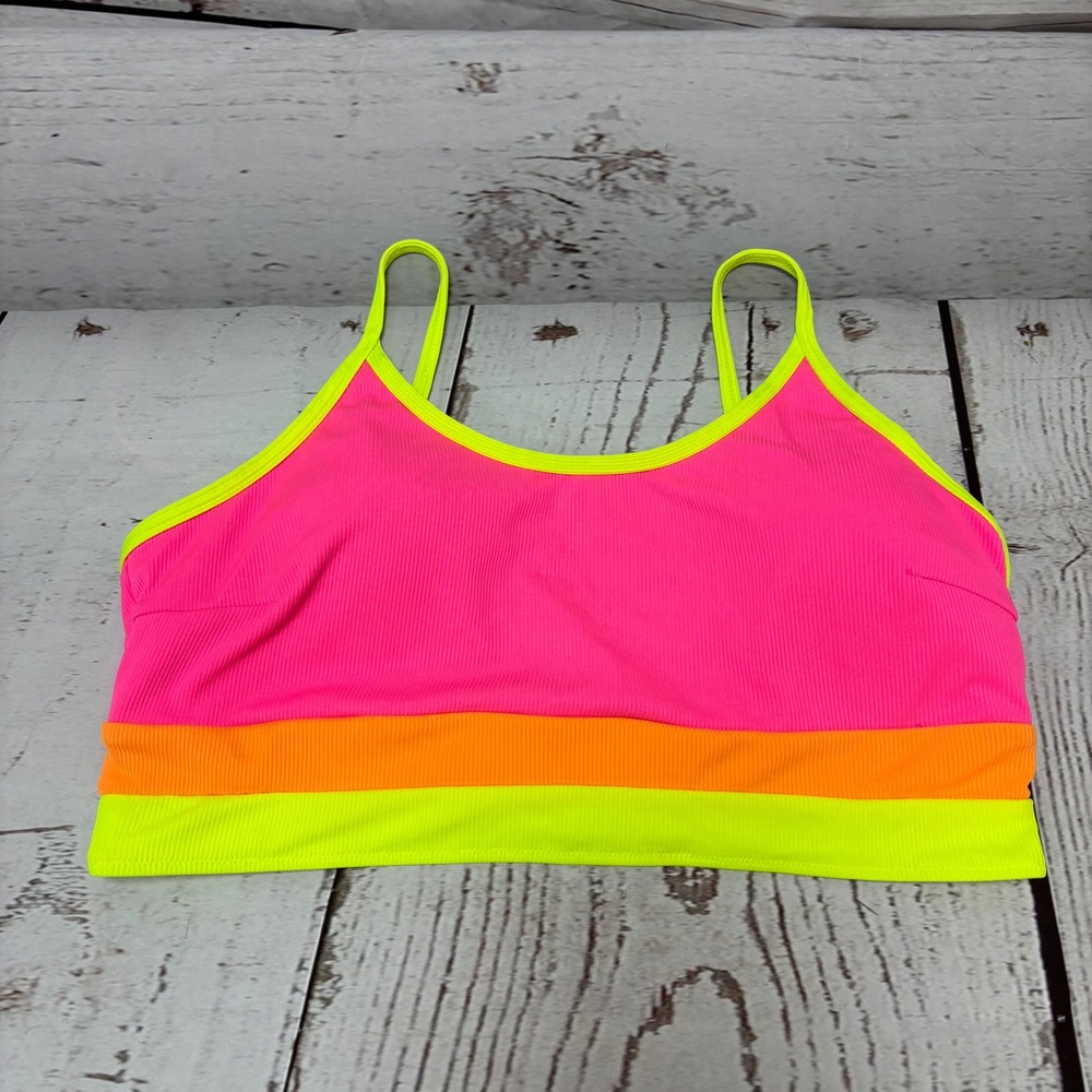 Popvil Womens Neon Colorblock Ribbed Bikini Top Pink Orange Green Size XXL